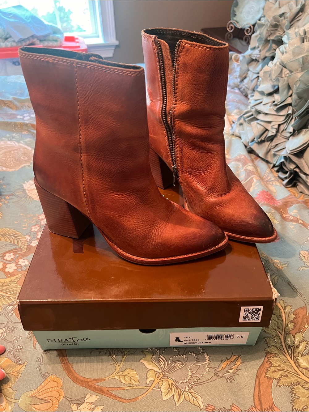 DibaTrue Women's Cognac Leather Block Heel Ankle Boots